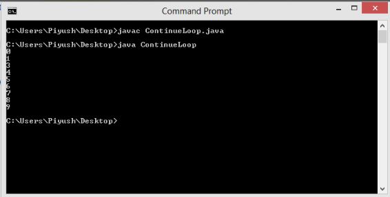 This image describes the output of the sample program of continue statement in java.